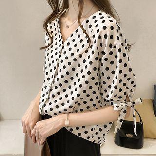 V-neck Dotted Short-sleeve Chiffon Top