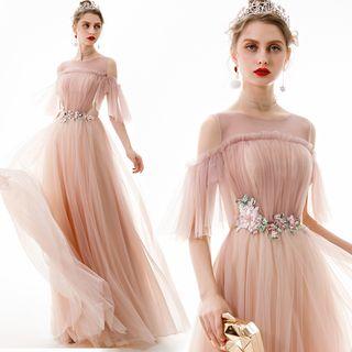 Flower Applique Cold Shoulder A-line Evening Gown