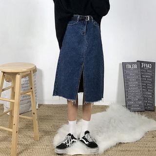 Slit-front Fray-hem Midi Denim Skirt