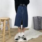 Slit-front Fray-hem Midi Denim Skirt