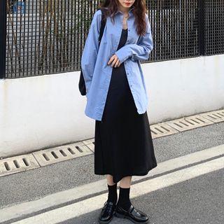 Long-sleeve Shirt + Spaghetti Strap Plain Dress