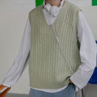 V-neck Plain Cable-knit Vest
