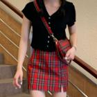 Short-sleeve Cropped Cardigan / Plaid A-line Skirt