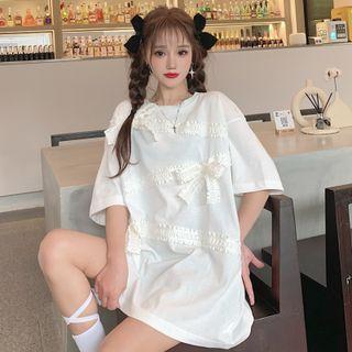 Elbow-sleeve Frill Trim Bow-accent T-shirt
