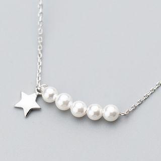 925 Sterling Silver Faux Pearl & Star Necklace S925 Silver - Necklace - Silver - One Size