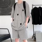 Set: Elbow-sleeve Heart Embroidery T-shirt + Shorts