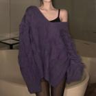 V-neck Cable Knit Sweater Purple - One Size