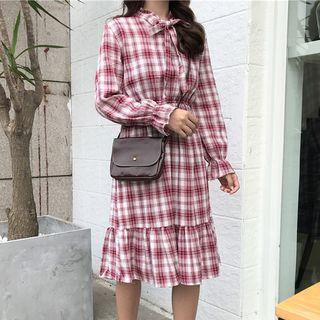 Ruffled Hem Long Sleeve Plaid Dress