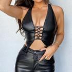 Faux Leather Halter-neck Lace Up Camisole Top