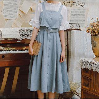 Ruffle Trim Short-sleeve Blouse / Single-breasted Midi Jumper Dress / Set
