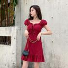 Short-sleeve Perforated Frill Trim A-line Mini Dress