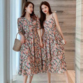 Elbow-sleeve / Spaghetti Strap Floral Print Midi A-line Dress