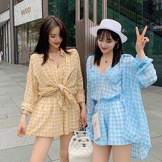 Set: Plaid Spaghetti Strap Top + Shirt + Shorts