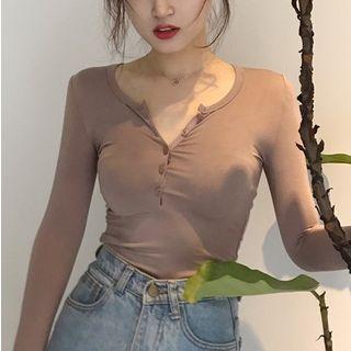 Long-sleeve Plain Henley T-shirt