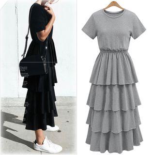 Plain Short-sleeve Tiered Dress