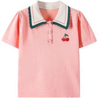 Short-sleeve Cherry Embroidered Polo Neck Knit Top Pink - One Size