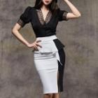 Set: Short-sleeve Lace Trim Blouse + Two-tone Ruffle Pencil Skirt