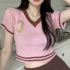 Short-sleeve Lettering Knit Top Knit Top - Pink - One Size