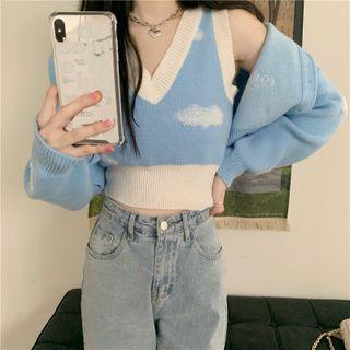 Set: Long-sleeve Cropped Knit Cardigan + Color-block Cropped Knit Tank Top Set - One Size