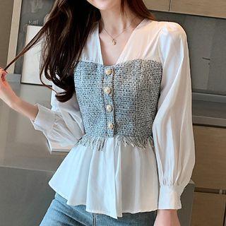 Long-sleeve Fringed Panel Peplum Blouse