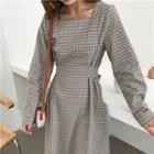 Square Neck Long-sleeve Plaid Midi A-line Dress