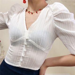 Plain Striped Puff-sleeve Blouse