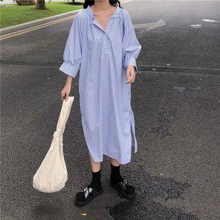 Check 3/4-sleeve Midi Shirt Dress