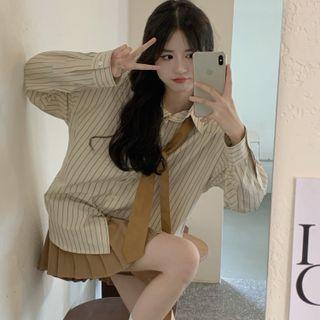Striped Shirt / Tie / Pleated Mini A-line Skirt