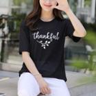 Round-neck Letter Print Linen Blend T-shirt