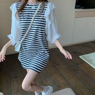 Patchwork Puff-sleeve Striped Mini Dress Stripe - One Size