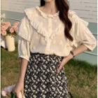 Short-sleeve Ruffle-trim Shirt / Floral Printed Midi Skirt