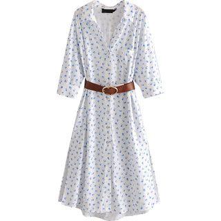 Elbow-sleeve Floral Print A-line Shirtdress
