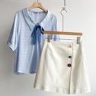 Bow-neck Blouse / Mini A-line Skirt