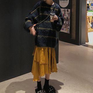 Set: Oversized Striped Sweater + Layered Midi Skirt