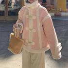 Long-sleeve Furry Trim Jacket Pink - One Size