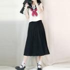 Set: Short-sleeve Sailor Collar Top + Bow + Pleated A-line Skirt