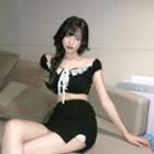 Lace Off-shoulder Crop Top / Lace Slim-fit Skirt