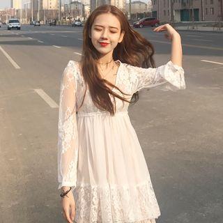 Mock Two-piece Long-sleeve A-line Lace Dress