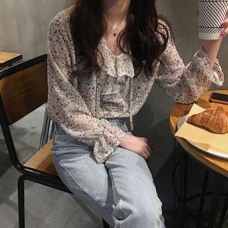 V-neck Floral Ruffle Blouse