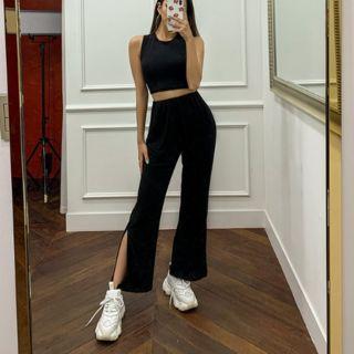 Set: Sleeveless Cropped Top + Band-waist Slit-side Pants