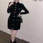 Long-sleeve Button-up Velvet Dress Black - One Size