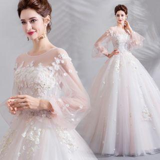 Puff-sleeve Embroidered Mesh A-line Evening Gown