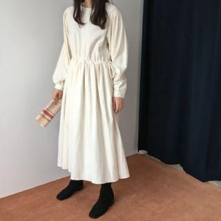 Plain Long-sleeve Midi A-line Dress White - One Size
