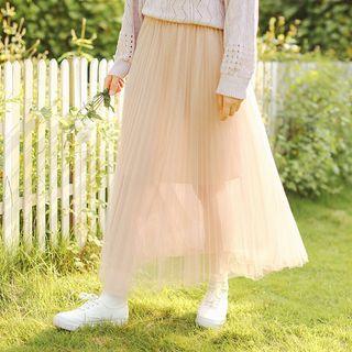 High-waist Pleated Mesh Maxi Skirt