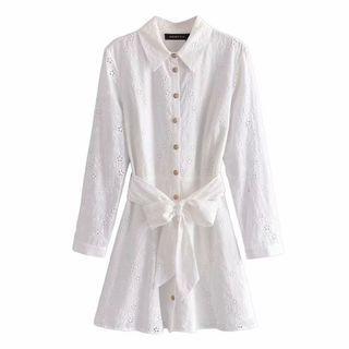 Embroidered Tie-waist Mini A-line Shirtdress