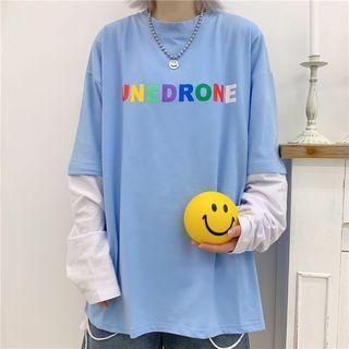 Long-sleeve Mock Two-piece Lettering T-shirt Sky Blue - One Size