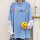 Long-sleeve Mock Two-piece Lettering T-shirt Sky Blue - One Size