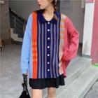 Color Block Collared Knit Cardigan As Shown In Figure - One Size