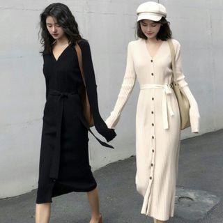V-neck Button-up Knit Midi Sheath Dress
