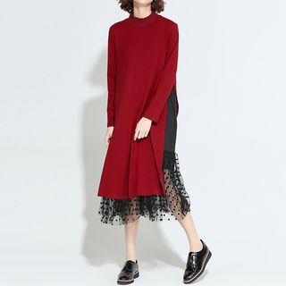 Dotted Mesh Hem Long Sleeve Dress